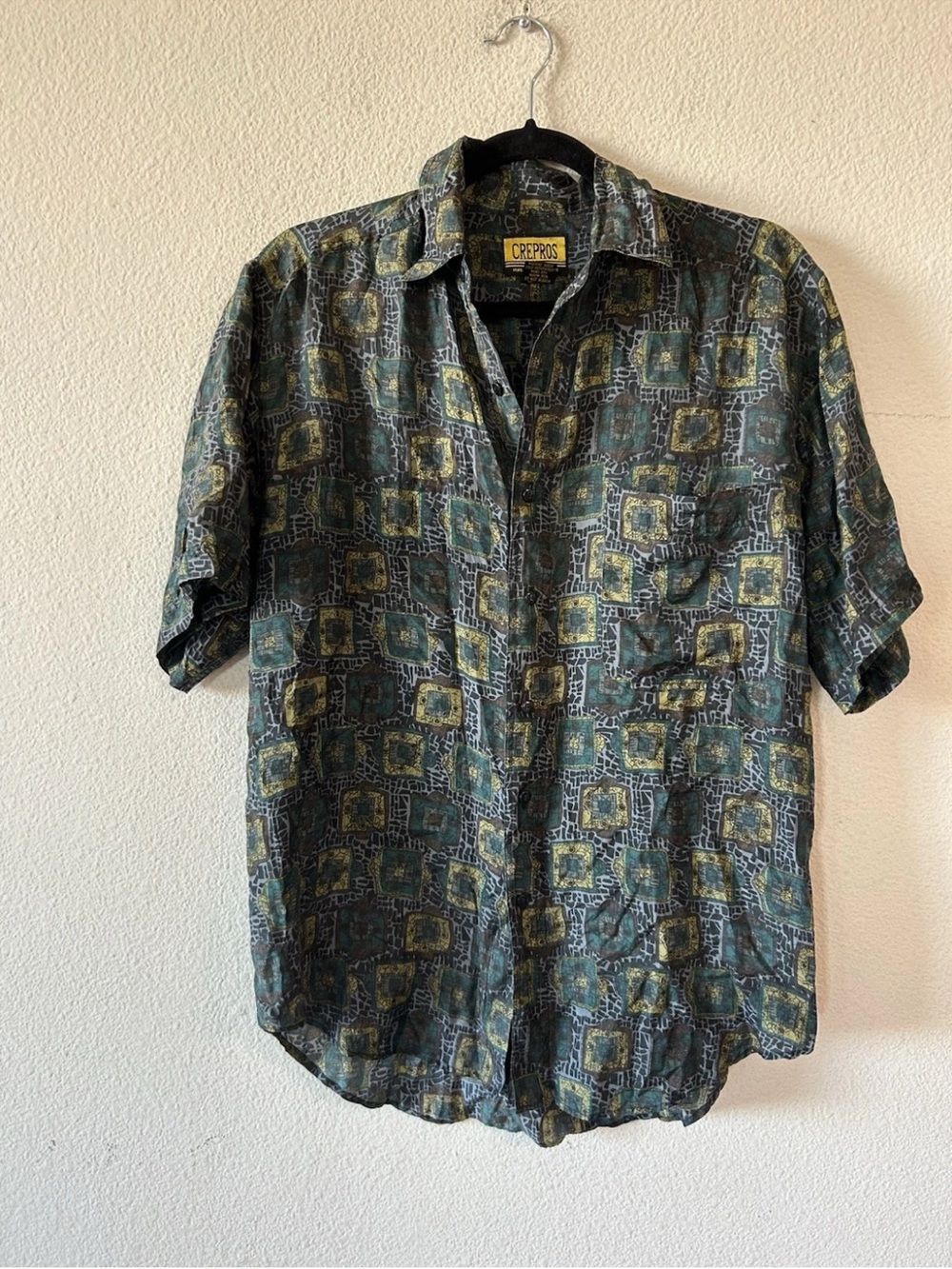Vintage Crepros 100% Silk Shirt Mens S Geometric Abstract 90s Button Up AOP - Picture 6 of 14